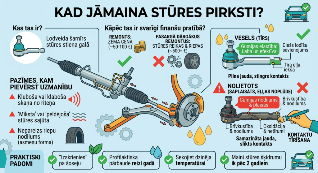 Shēma ar automašīnas stūres pirkstu, parādot veselu gumijas aizsargu pret saplēstu, un ilustrējot nepareizu riepu nodilumu.
