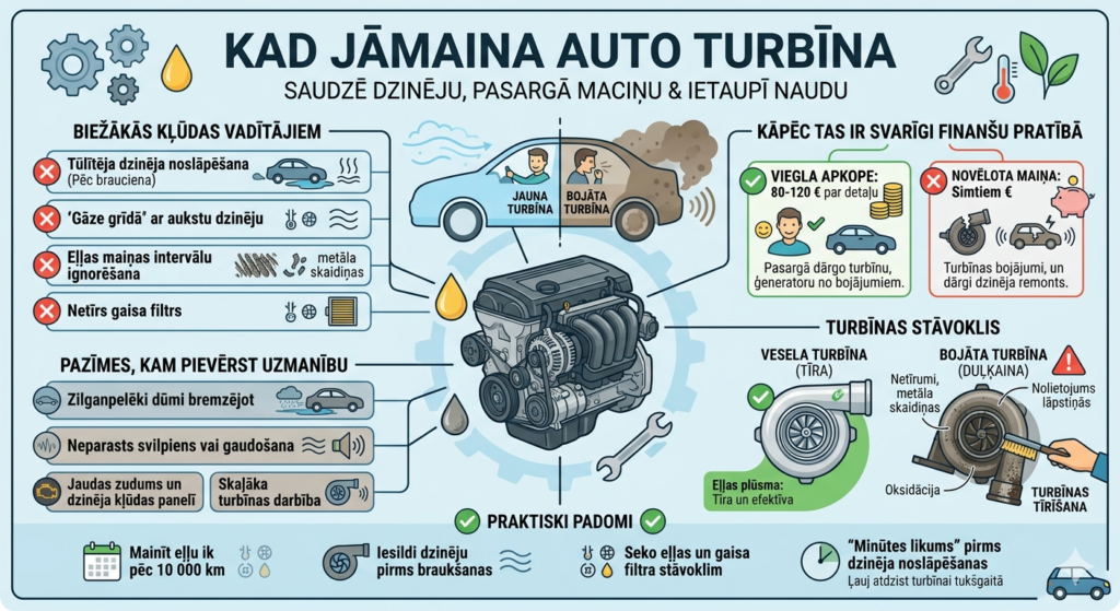 Infografika par turbīnas darbību, parādot atšķirību starp veselu un bojātu turbīnu, kā arī padomus dzinēja atdzesēšanai.