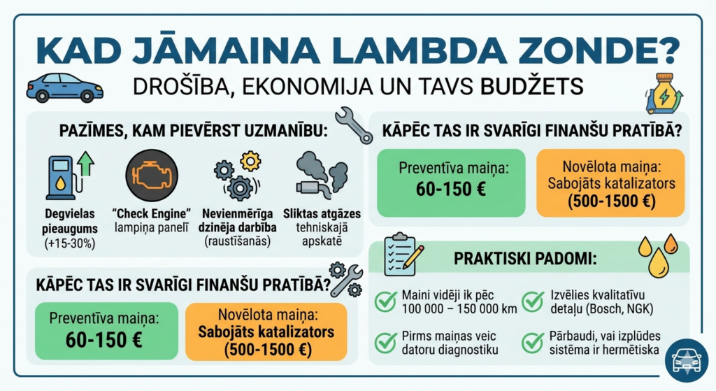 Infografika par lambda zondes atrašanās vietu izpūtējā, parādot degvielas patēriņa pieaugumu un dzinēja kontrolslampas nozīmi.