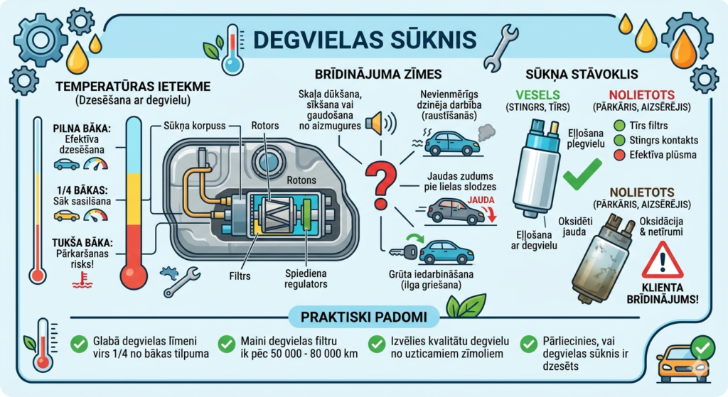 Infografika par auto degvielas sūkņa darbību, temperatūras ietekmi un brīdinājuma zīmēm, piemēram, dūkšanu un jaudas zudumu.