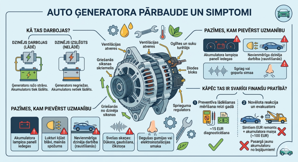 Infografika par auto ģeneratora darbību, parādot akumulatora lampiņu panelī, lādēšanas procesu un padomus, kā pasargāt akumulatoru no bojājumiem.
