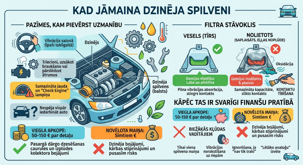 Infografika, kurā parādīts vesels un bojāts dzinēja spilvens, norādītas vibrācijas un triecienu pazīmes pie pārsega un stūres.