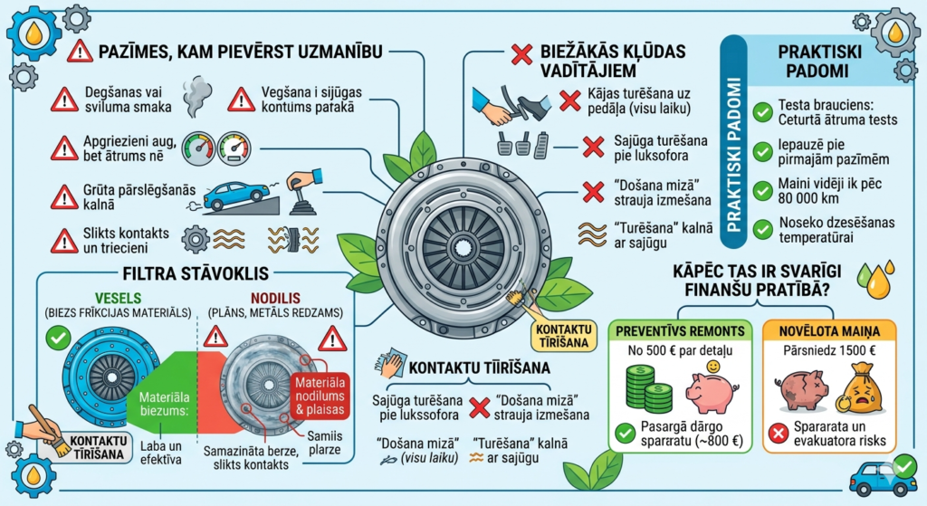Infografika par auto sajūga darbību, kurā parādīts vesels sajūga disks pret nodilušu, un uzskaitītas galvenās slīdēšanas pazīmes.