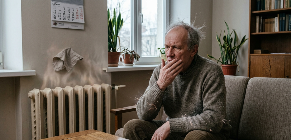 Sausa telpa ar radiatoru un cilvēku, kurš jūt diskomfortu sausā gaisa dēļ