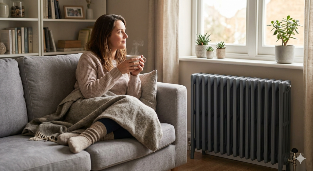 Cilvēks ar speciālu atslēgu atgaiso metāla radiatoru dzīvojamā istabā.