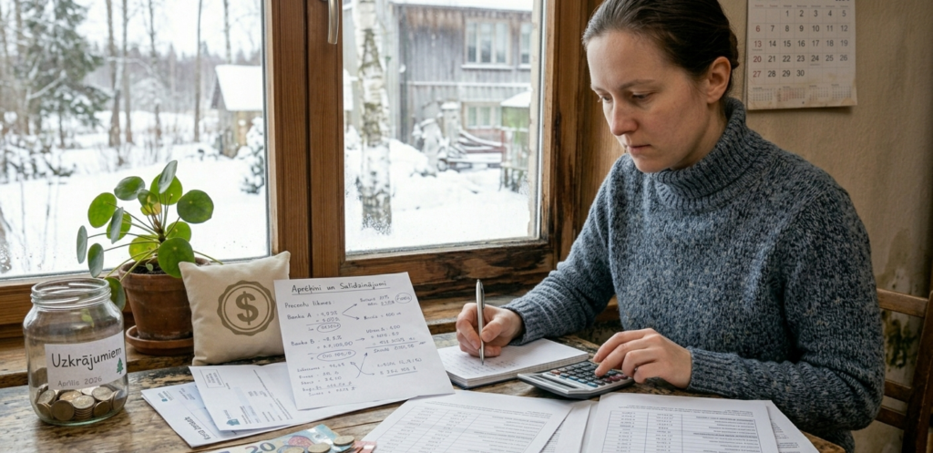 Cilvēks analizē kredīta piedāvājumu ar kalkulatoru un dokumentiem