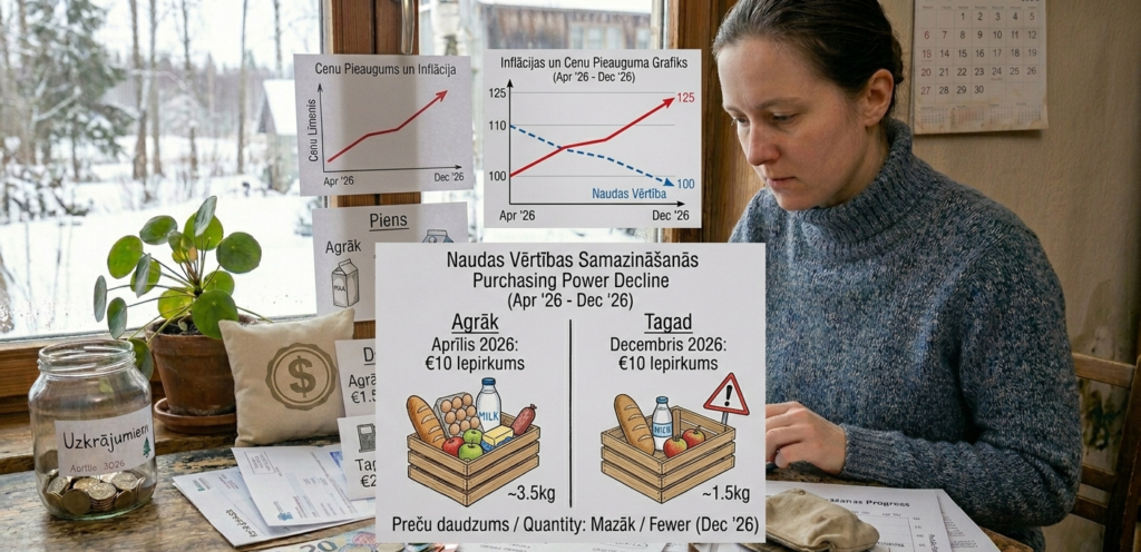 Naudas vērtības samazināšanās attēlota ar cenu pieaugumu un pirktspējas kritumu