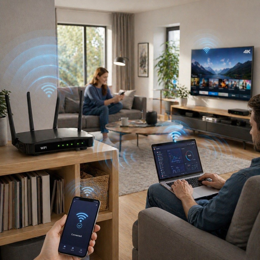 WiFi rūteris uz galda, kas nodrošina internetu visā mājā
