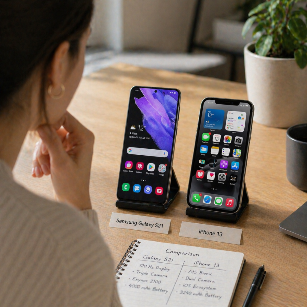 Samsung Galaxy S21 un iPhone 13 salīdzinājums uz galda