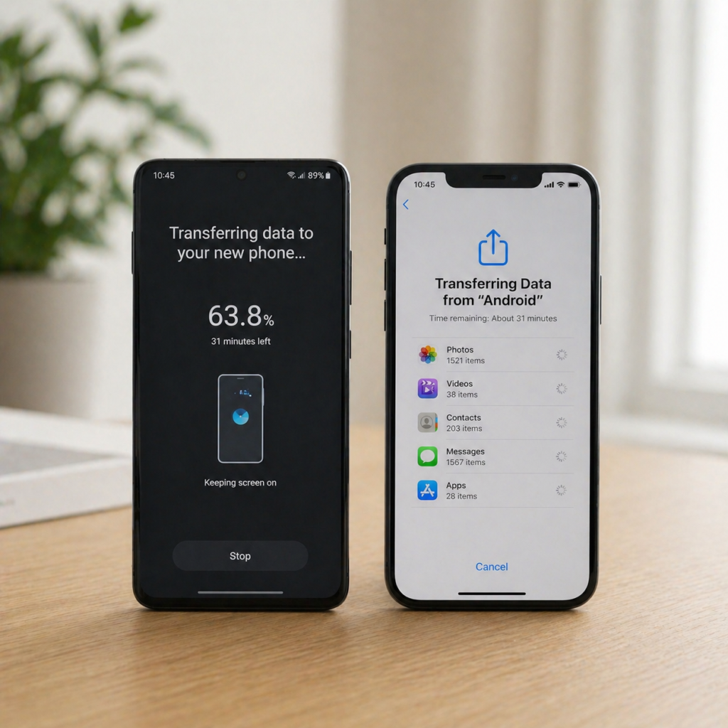 Divi telefoni savienoti datu pārnešanai