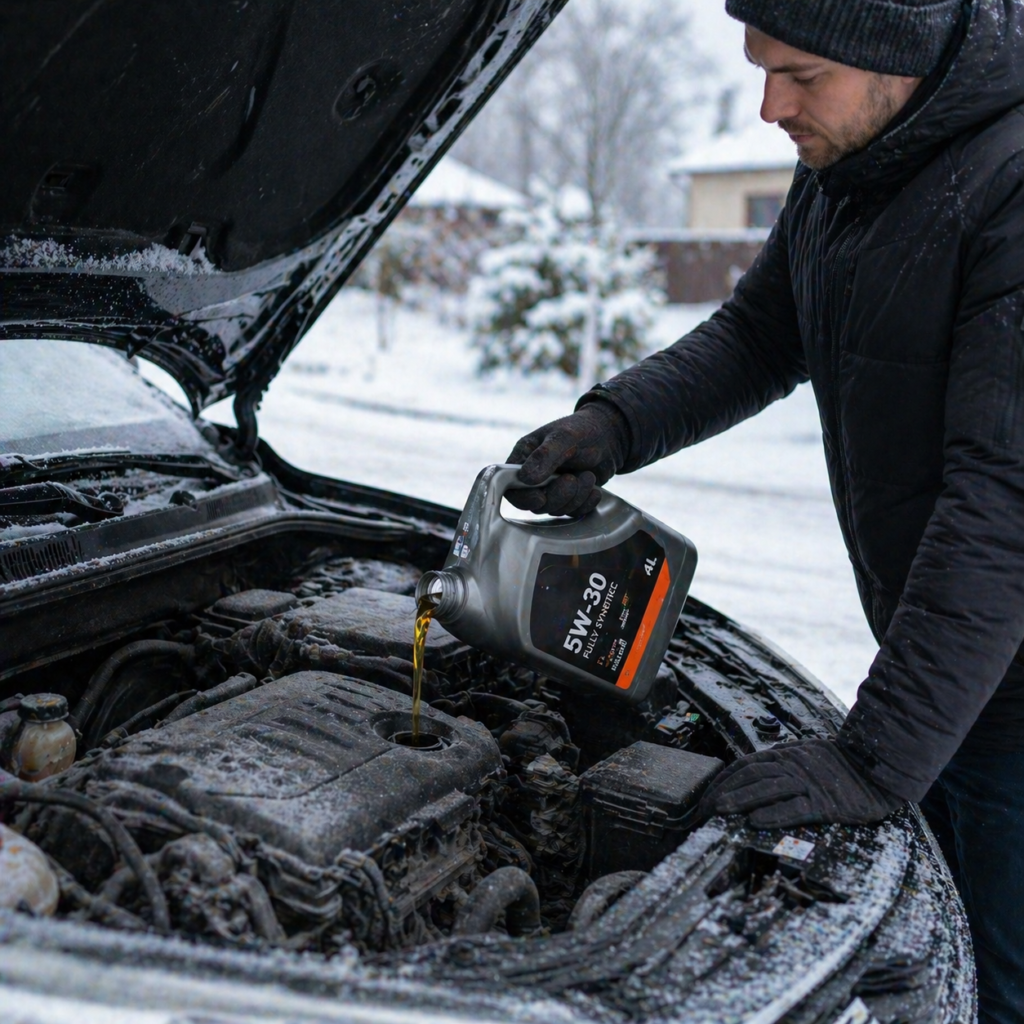 Auto dzinējs ziemā ar motoreļļu aukstos apstākļos