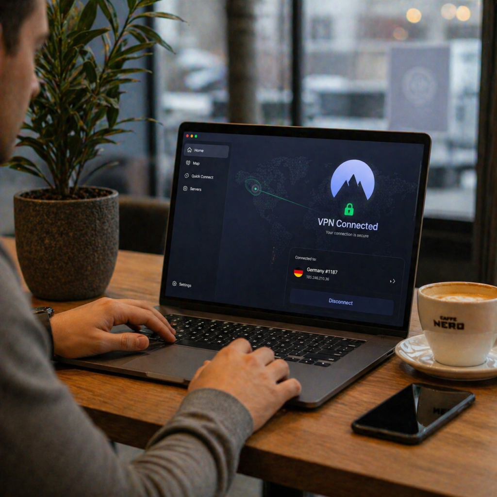Cilvēks lieto VPN drošai interneta pieslēgšanai