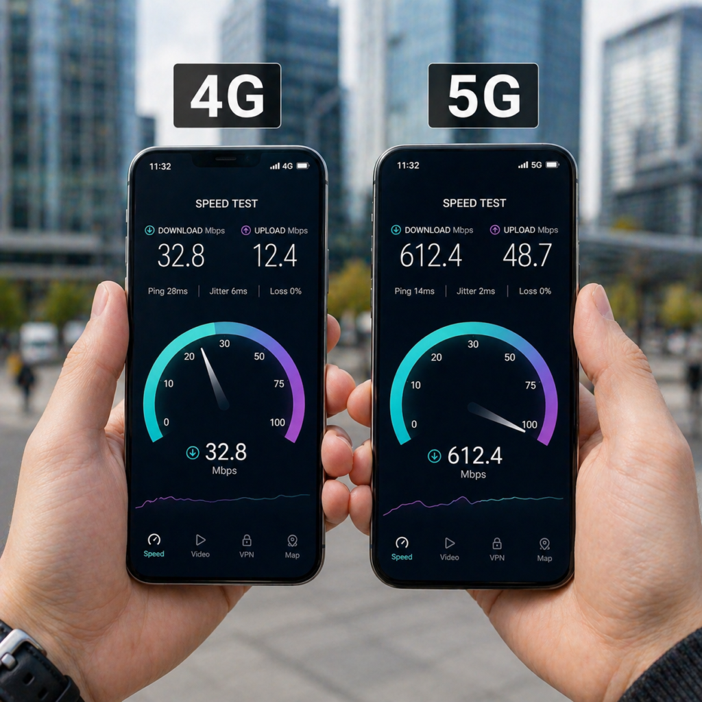 4G un 5G interneta ātruma salīdzinājums telefonā