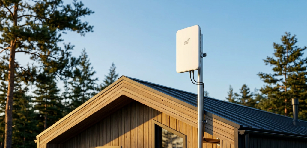 Jaudīgs 5G āra modems uzstādīts uz lauku mājas jumta mastā