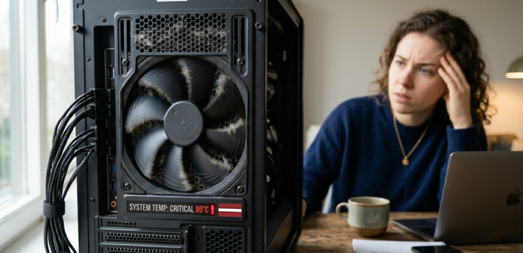 Dators ar skaļu ventilatoru un redzamu dzesēšanas sistēmu