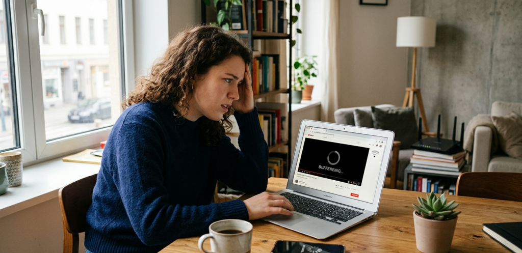 Cilvēks mēģina izmantot internetu, bet WiFi ir lēns