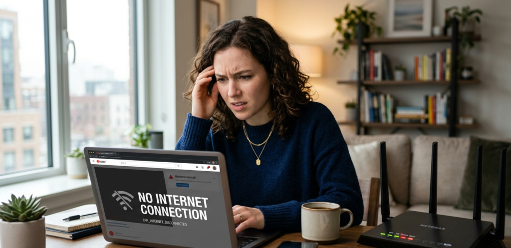 Cilvēks izmanto datoru, bet internets pazūd un savienojums pārtrūkst