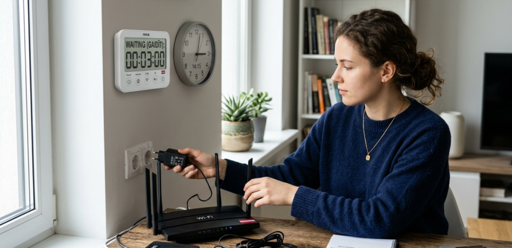 Cilvēks atvieno un restartē WiFi rūteri mājās