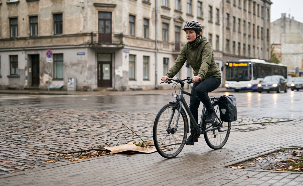 Sieviete brauc ar hibrīda velosipēdu pa lietainu Rīgas ielu, salīdzinot kalnu velosipēdu un hibrīdu ikdienas braucieniem Latvijā.
